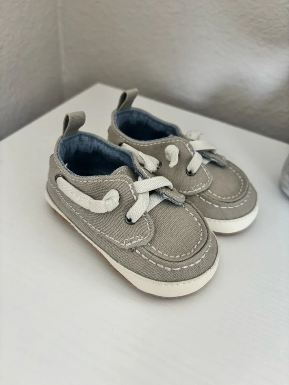 Kids Canvas Boat Shoes in Taupe with White Laces